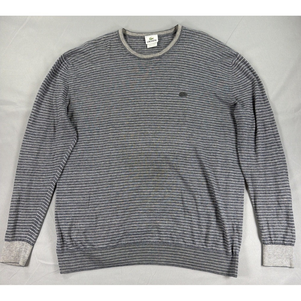 Lacoste Striped Cotton Crewneck Sweater Men's French Size 7 Gray Long Sleeve